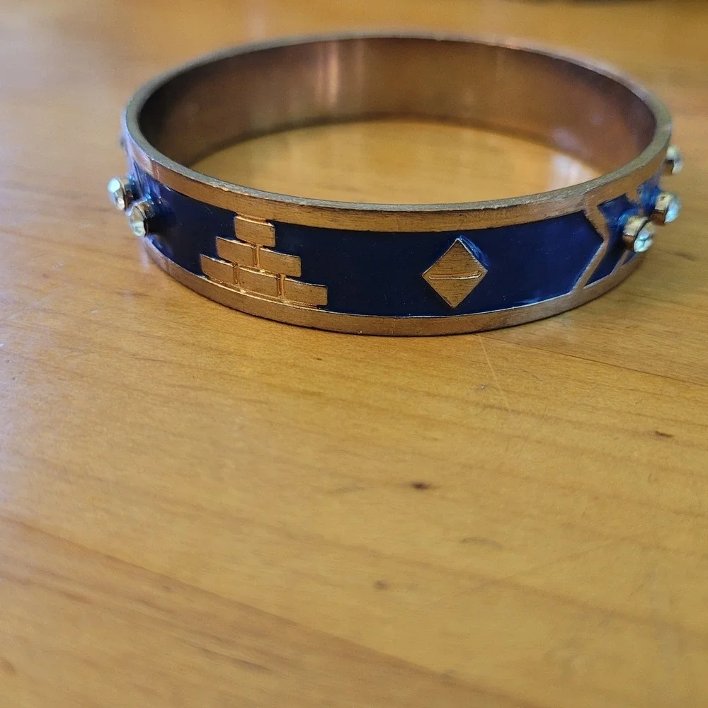 Vintage Blue Enamel Rhinestone Geometric Bangle Bracelet Brass Tone 42g